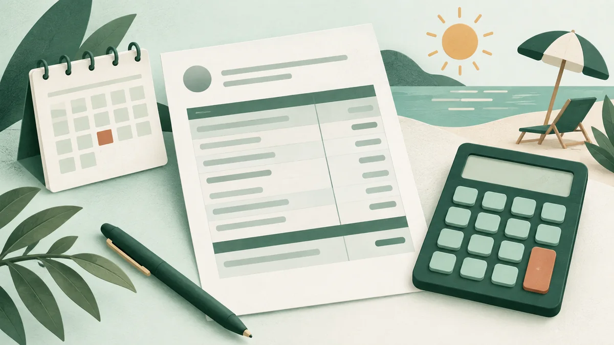 Calendario de descanso junto a un recibo y una calculadora para ilustrar el pago de vacaciones