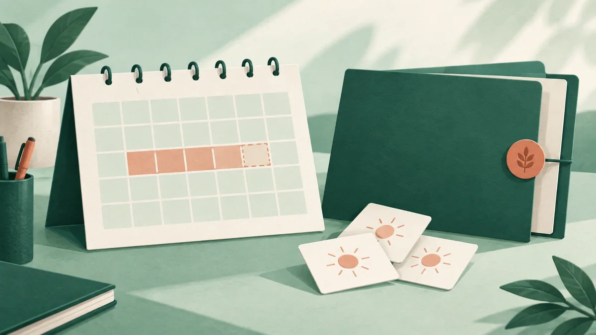 Calendario con días de licencia parcialmente acumulados y carpeta de cierre laboral